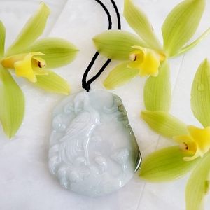 100% Genuine Certified Jadeite Handcarved Crane  Pendant NWT